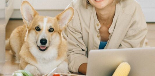 Hund mit Frau und Gemüse