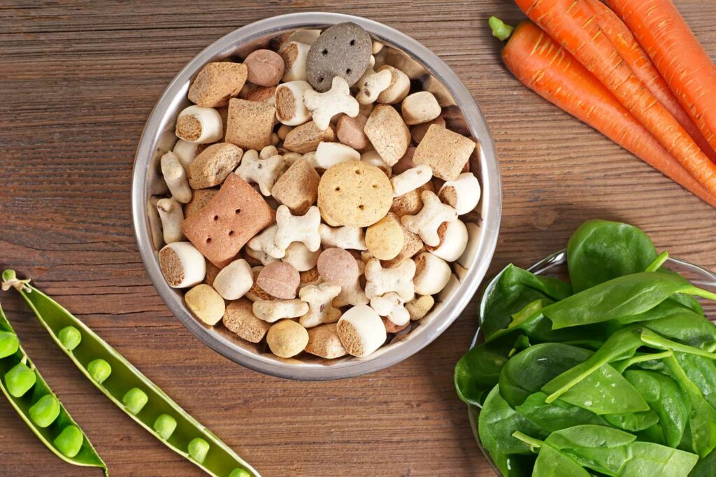 Schale mit selbstgemachten, veganen Hundefutter mit Möhren, Spinat und Erbsen