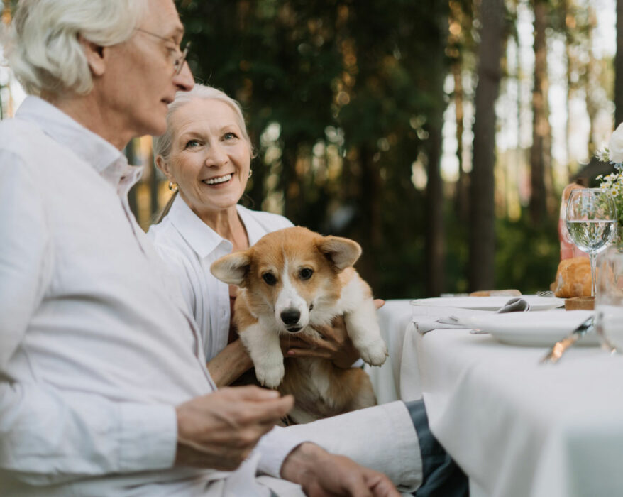 Älteres Paar sitzt am Tisch mit einem Hund