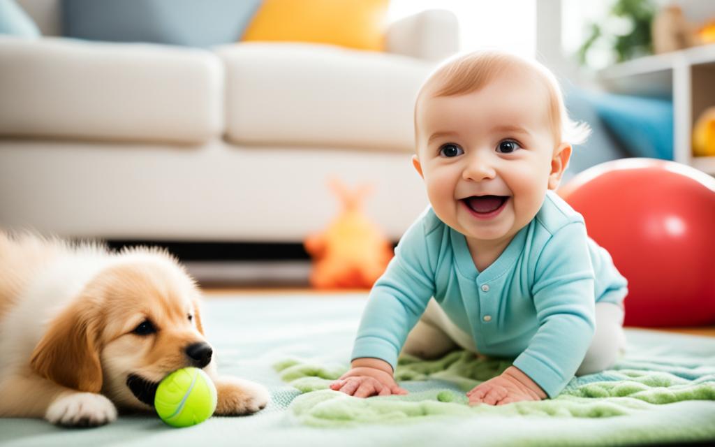 Hund und Baby spielen zusammen und fördern die emotionale Entwicklung