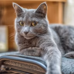 Katzenrasse Russisch blau schaut in die Kamera