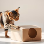 Katze spielt mit einem gebastelten Kartonhaus