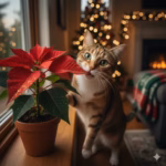 Eine neugierige Katze knabbert an einem roten Weihnachtsstern in einer weihnachtlich dekorierten Wohnung.