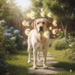 Ein Labrador Retriever sitzt im Garten, umgeben von schwebenden Euro-Zeichen – Symbolbild für monatliche Hundekosten 2026.