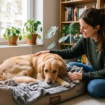 Eine junge Frau sitzt fürsorglich neben ihrem traurigen, depressiven Golden Retriever in einem Hundebett und streichelt ihn sanft in einem gemütlichen Wohnzimmer.