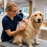 Eine Tierärztin verabreicht einem Golden Retriever in der Praxis die Tollwutimpfung beim Hund am Welt-Tollwut-Tag.